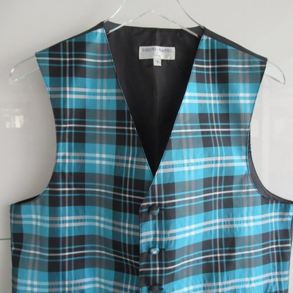 Vesuvio Napoli Men's Plaid Design Dress Vest Size Small Black, Turquoise, White - Picture 2 of 11
